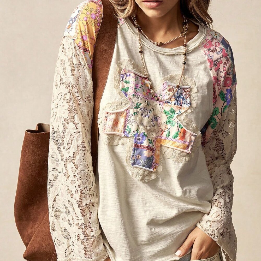 Apricot Boho Casual Women's Knit Contrast Lace Floral T-Shirt - Picture 5 of 9